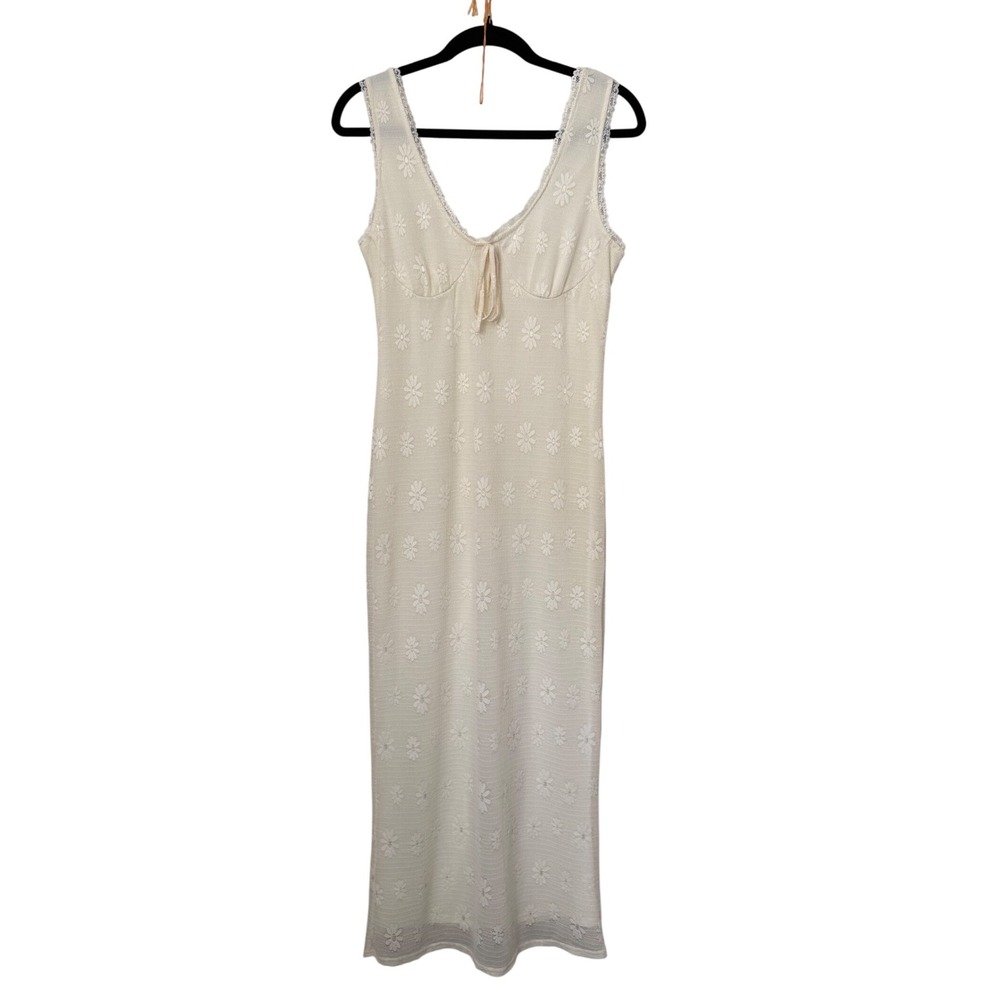 Floral Embroidered Lace Maxi Dress Sleeveless Romantic Bohemian Cream Medium
